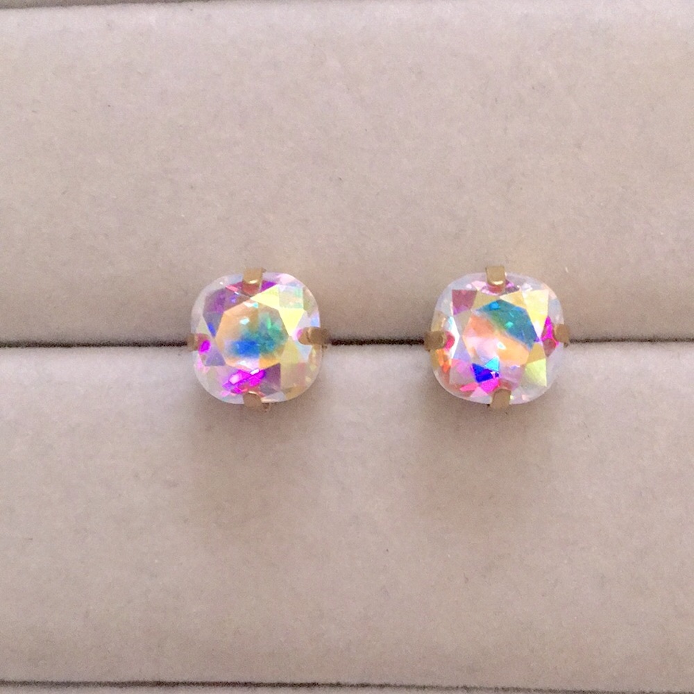 Aurora Borealis + Brass Cushion Cut Crystal Earrings